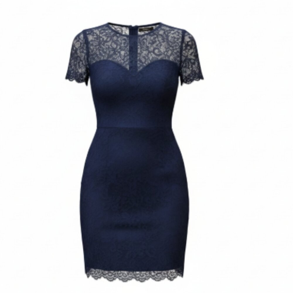 Almost Famous Dress Women’s L Fits S Black Lace Cocktail Bodycon Open Back EUC